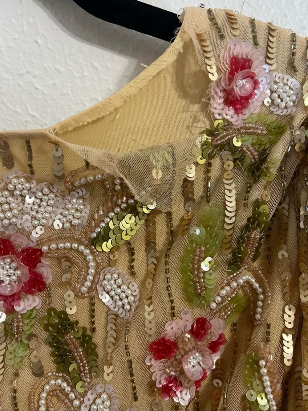 Mac Duggal Embellished V-Neck Floral Beaded Evening Dress in Tan, Pink & Green - Picture 8 of 9